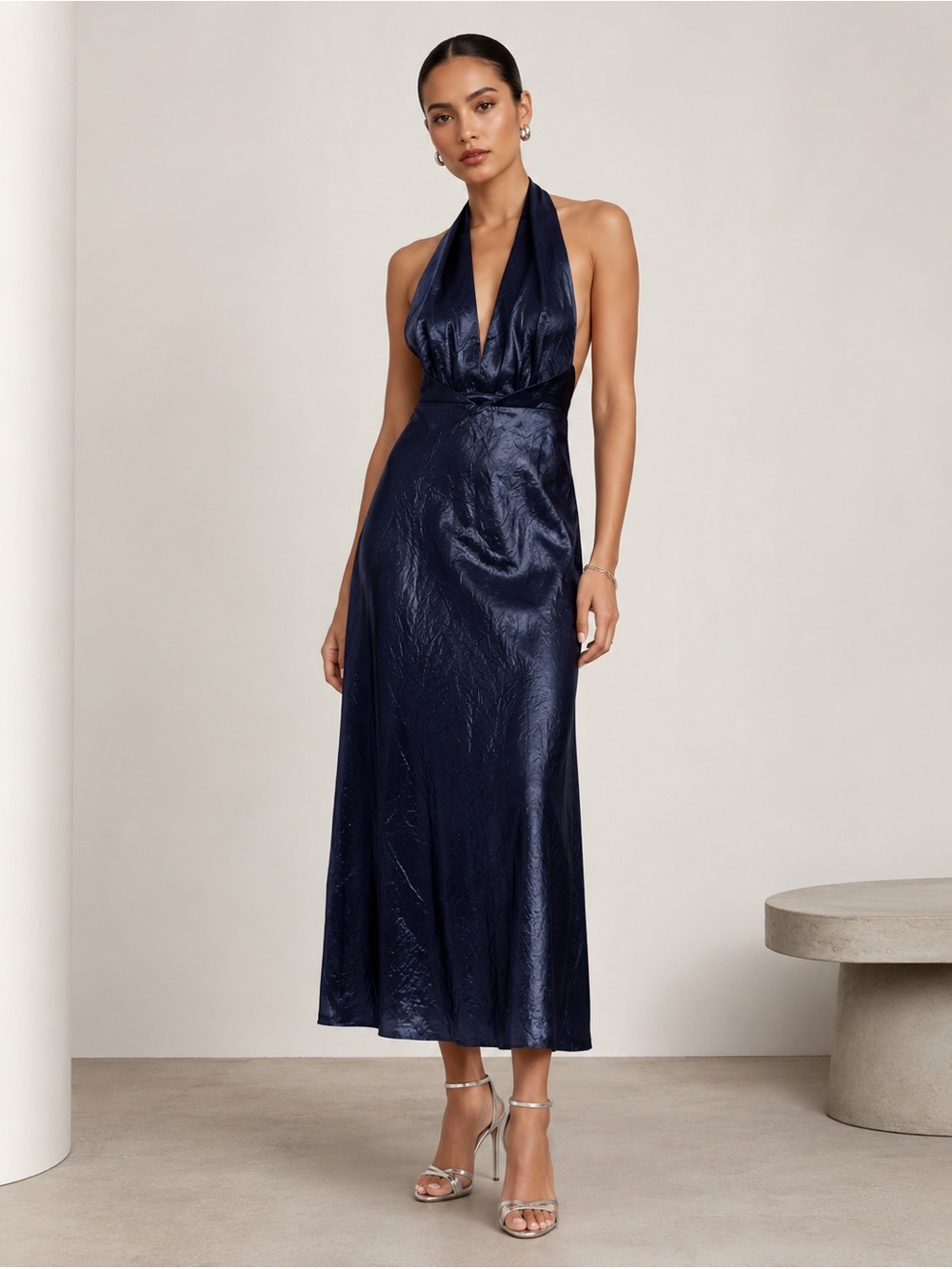 ZARA COLLECTION NAVY BLUE SATIN EFFECT HALTER DRESS SIZE S